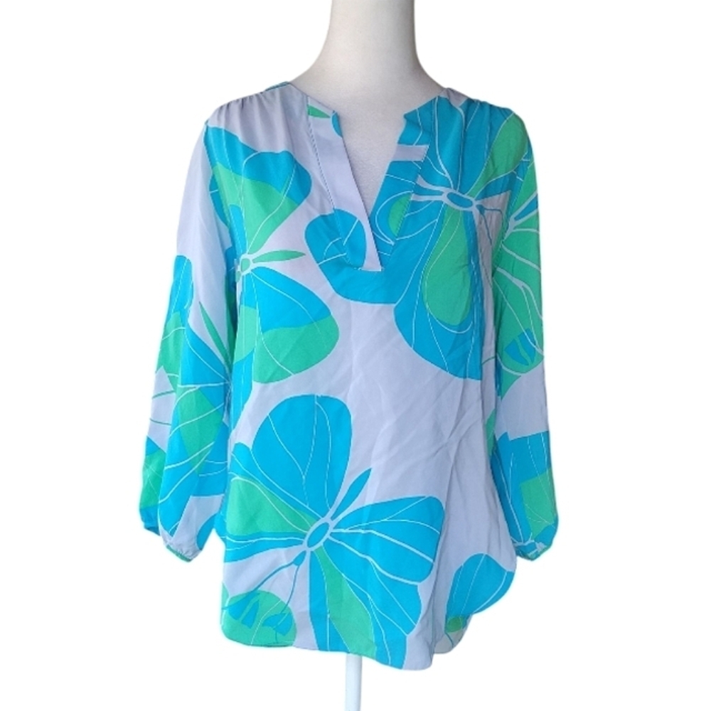 Amanda Uprichard Blue Green 100% Silk Split V Neck Blouse Size Small